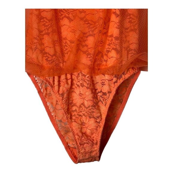 HAH Hot As Hell Bodysuit Women Medium Orange Sheer Lace Mesh Mama Jen - Picture 7 of 12